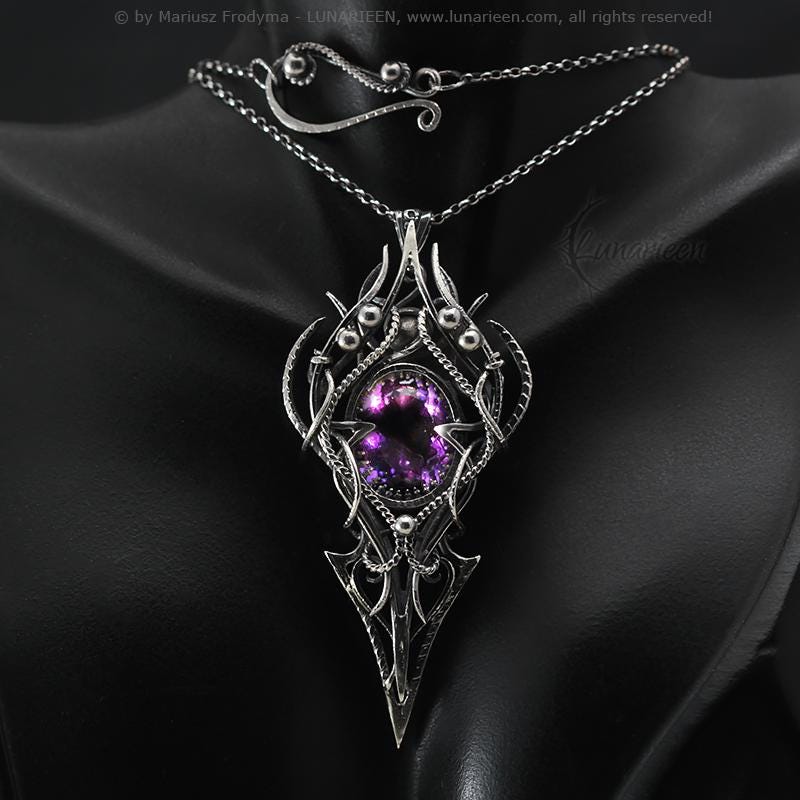 Sterling Silver, Fantasy Gothic style Necklace Pendant, Purple Amethyst, Jewellery Jewelry, Vampire Elven Witchy