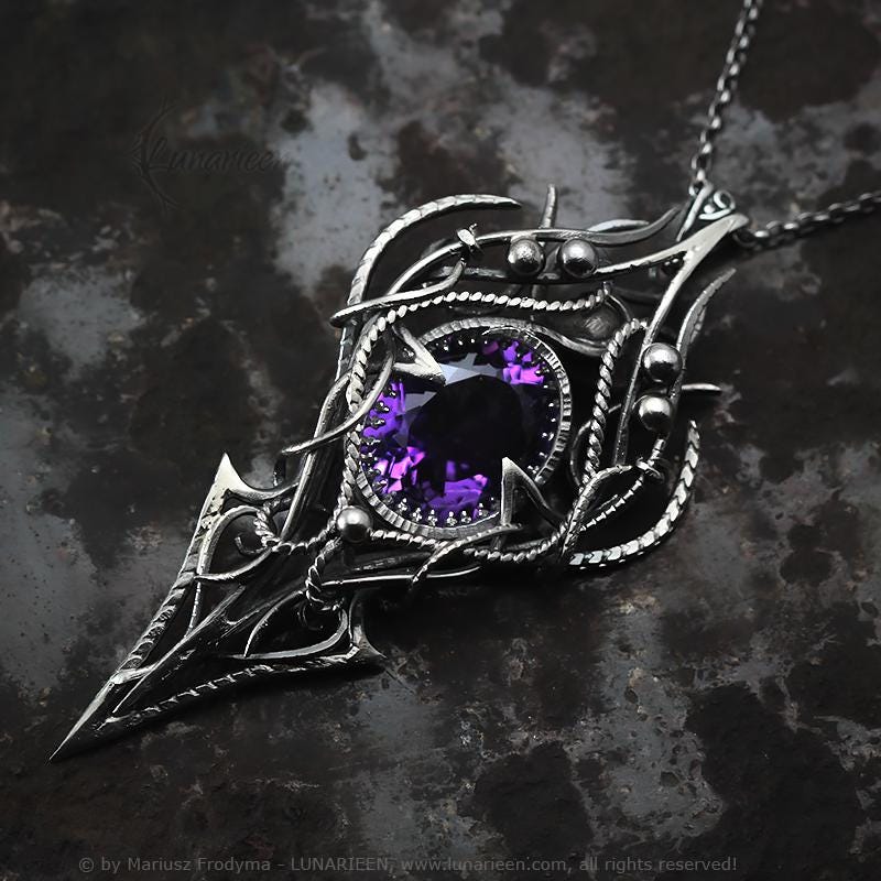 Sterling Silver, Fantasy Gothic style Necklace Pendant, Purple Amethyst, Jewellery Jewelry, Vampire Elven Witchy