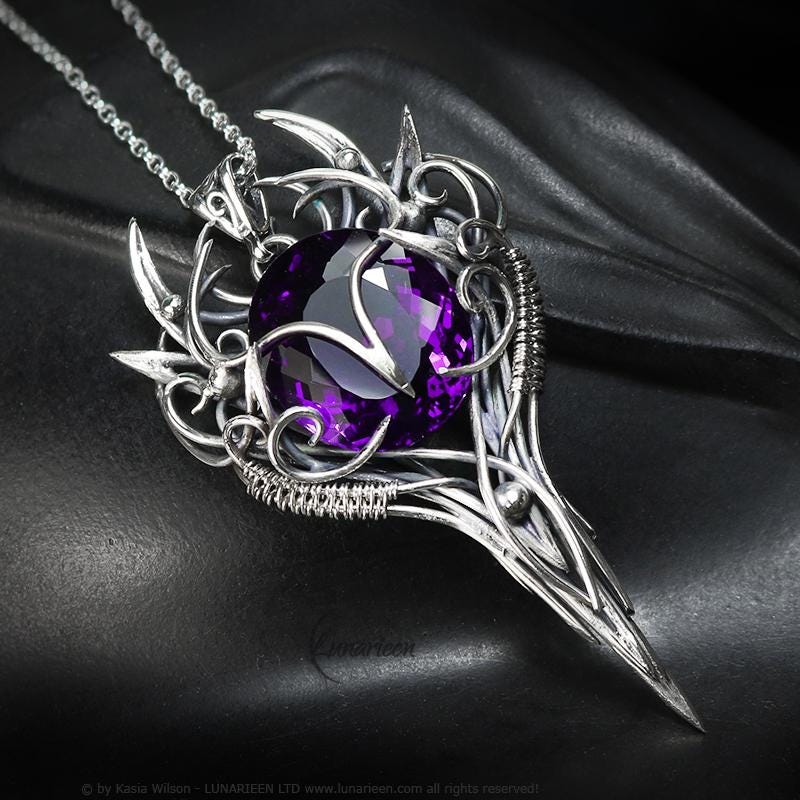 Sterling Silver Purple Amethyst Pendant Necklace: Gothic Elven Jewelry, Witchy Talisman