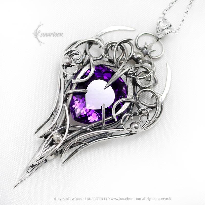 Sterling Silver Purple Amethyst Pendant Necklace: Gothic Elven Jewelry, Witchy Talisman