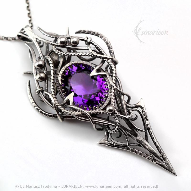 Sterling Silver, Fantasy Gothic style Necklace Pendant, Purple Amethyst, Jewellery Jewelry, Vampire Elven Witchy