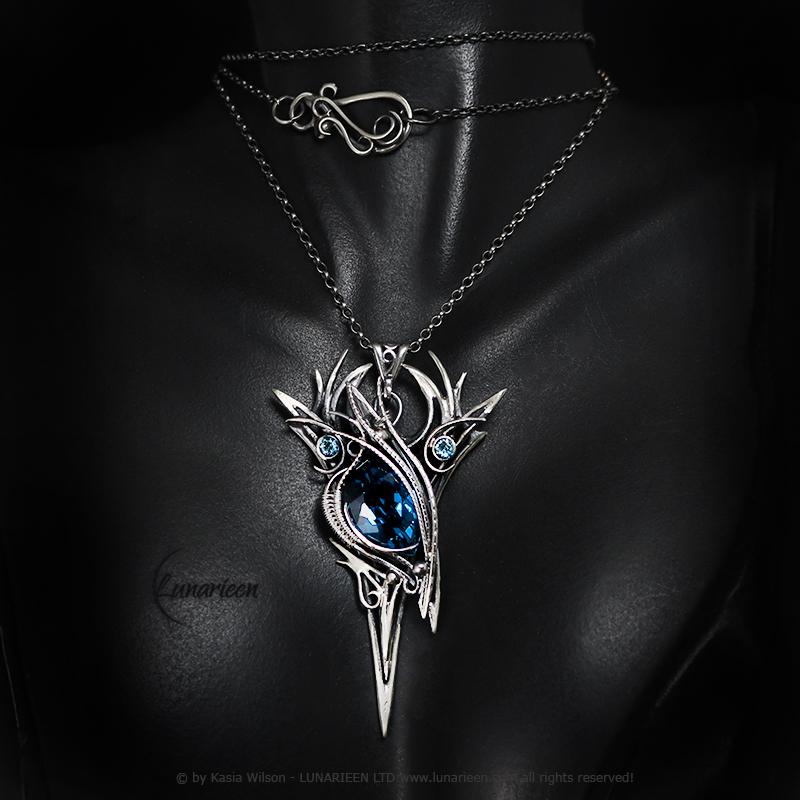 Sterling Silver Blue Topaz Pendant Necklace: Gothic Elven Jewelry, Eye of Horus, Power Protection Talisman
