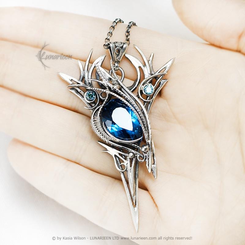 Sterling Silver Blue Topaz Pendant Necklace: Gothic Elven Jewelry, Eye of Horus, Power Protection Talisman