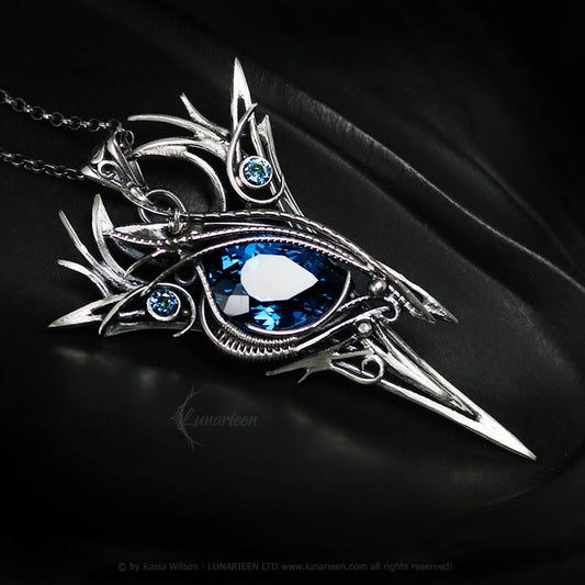 Sterling Silver Blue Topaz Pendant Necklace: Gothic Elven Jewelry, Eye of Horus, Power Protection Talisman