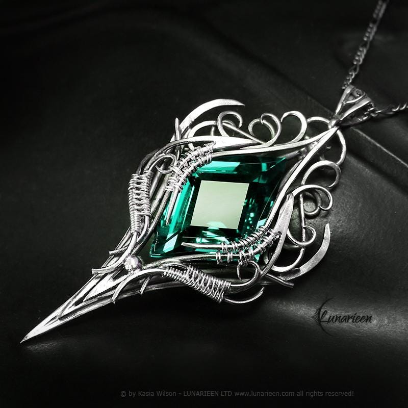 Sterling Silver Green Quartz Pendant Necklace: Gothic Elven Jewelry, Witchy Talisman
