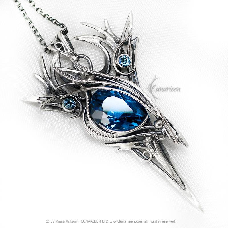 Sterling Silver Blue Topaz Pendant Necklace: Gothic Elven Jewelry, Eye of Horus, Power Protection Talisman