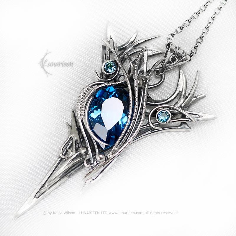 Sterling Silver Blue Topaz Pendant Necklace: Gothic Elven Jewelry, Eye of Horus, Power Protection Talisman