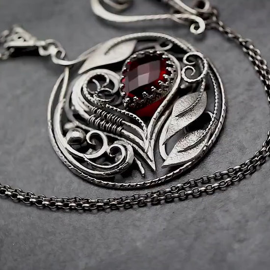 Sterling Silver wire wrapped Gothic Floral Sweetheart Pendant Necklace, Red Quartz Filigree Ornate Jewellery Jewelry Unique Gift