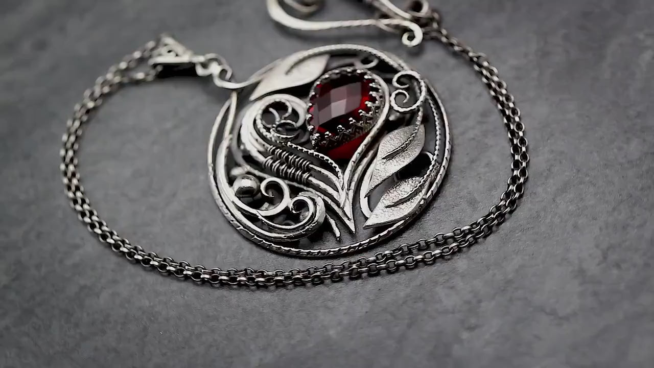 Sterling Silver wire wrapped Gothic Floral Sweetheart Pendant Necklace, Red Quartz Filigree Ornate Jewellery Jewelry Unique Gift