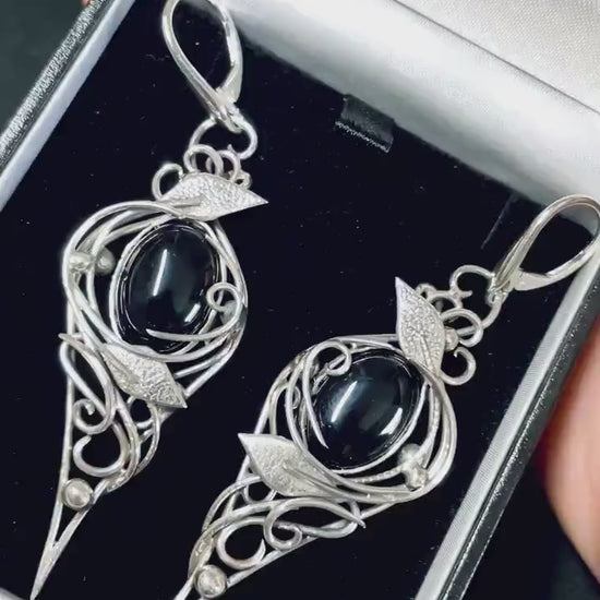 Sterling Silver Black Onyx Floral Earrings: Elven Gothic Jewelry
