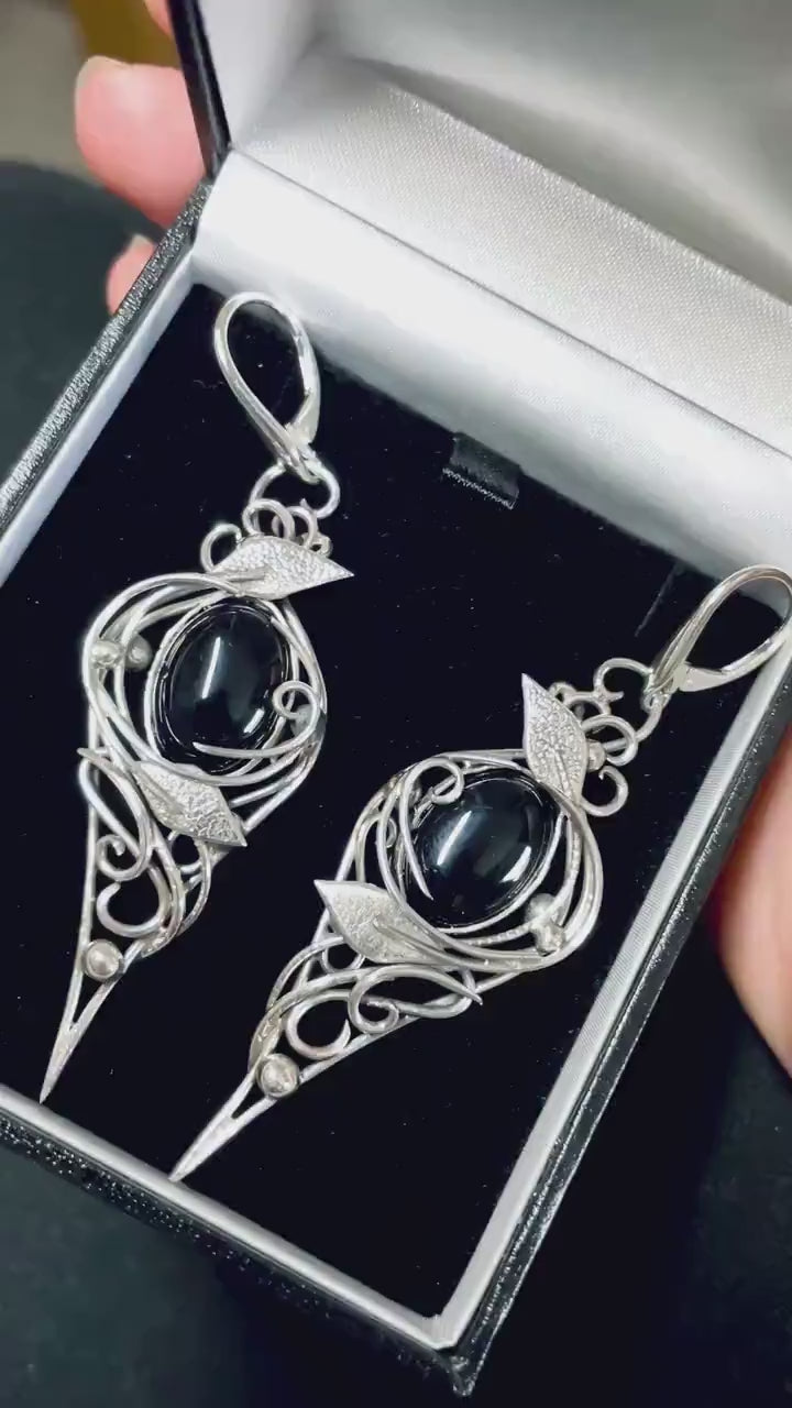 Sterling Silver Black Onyx Floral Earrings: Elven Gothic Jewelry