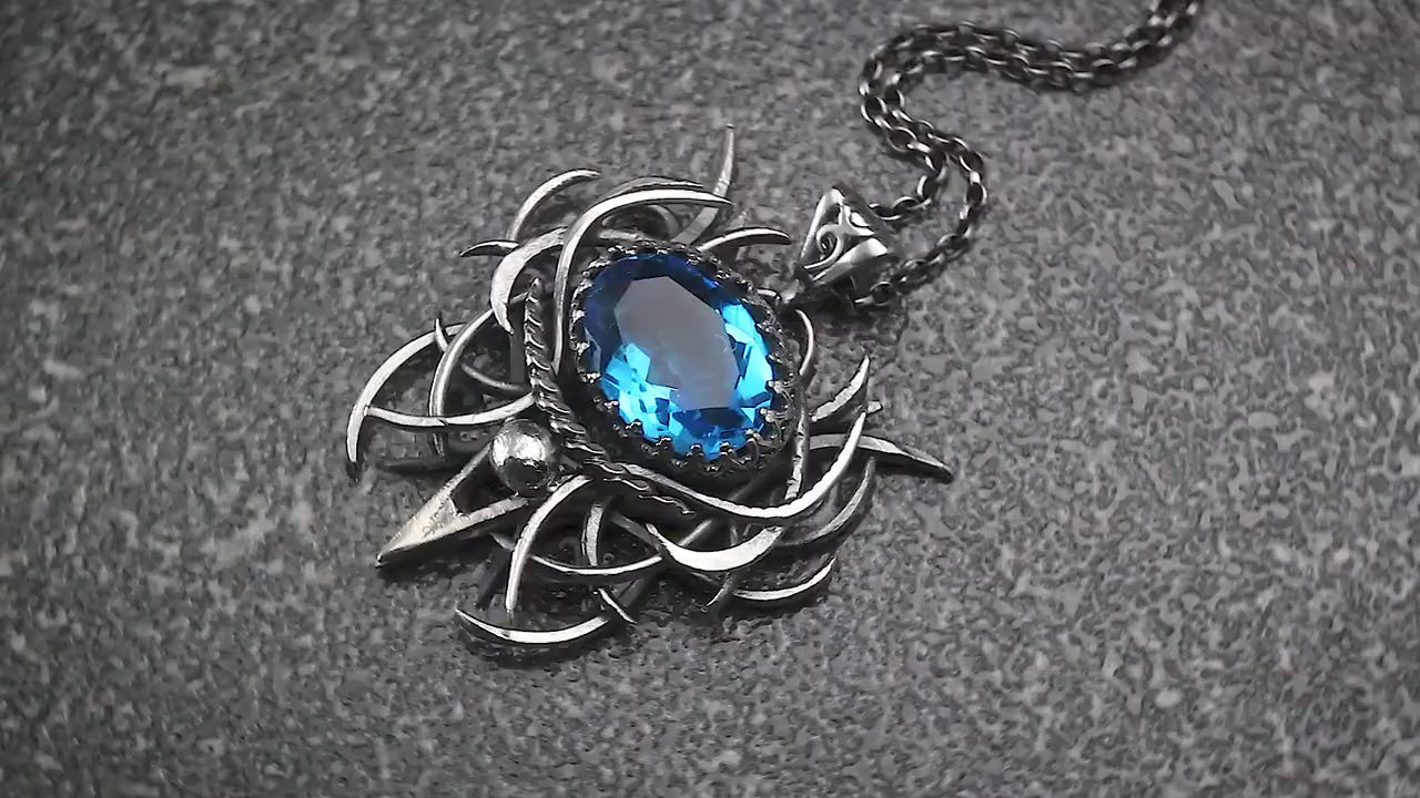 Sterling Silver, Fantasy Gothic style Necklace Pendant, Blue Quartz, Vampire Elven Witchy Jewellery Jewelry, Unisex Unique gift