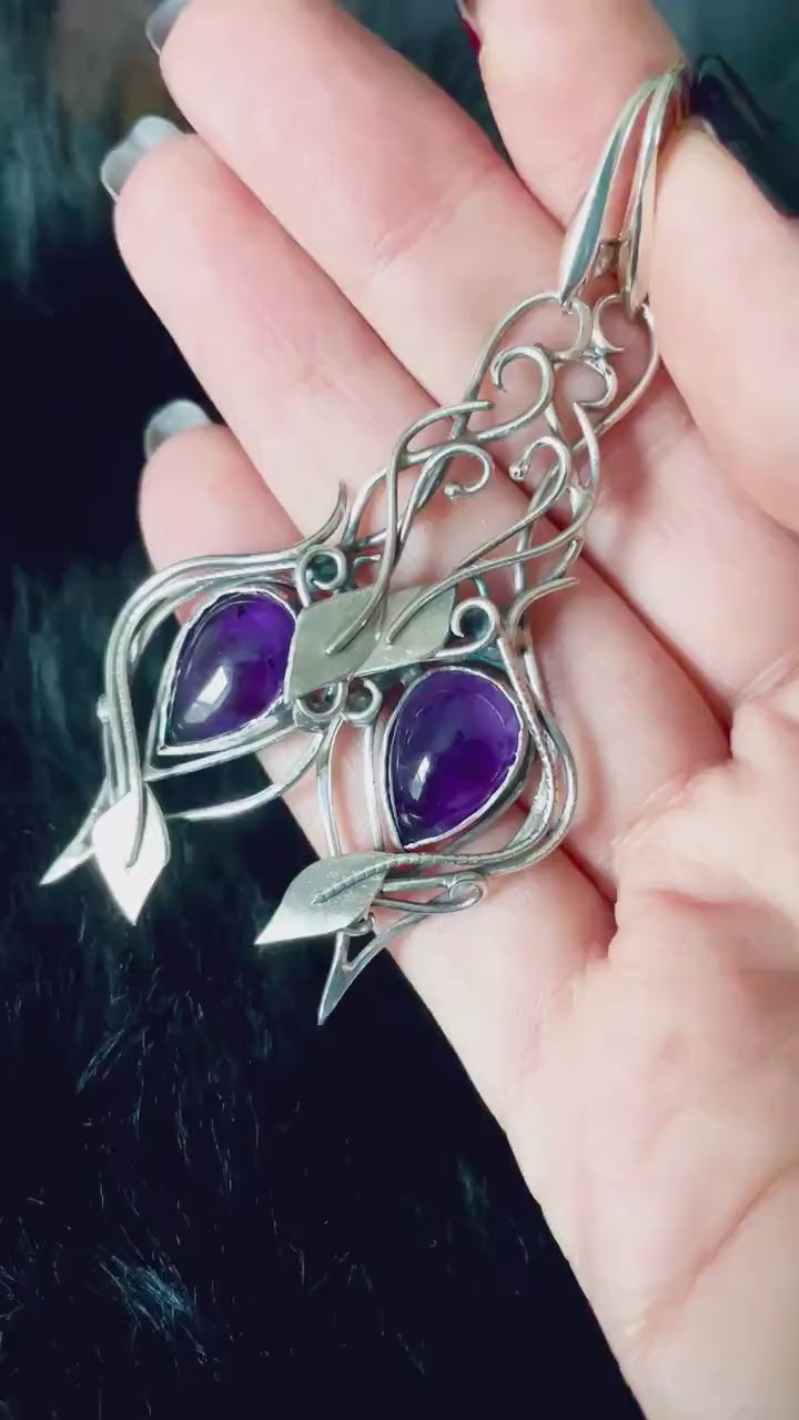 Sterling Silver earrings with Amethyst fantasy Alternative Gothic Vampire witchy jewelry elven jewellery