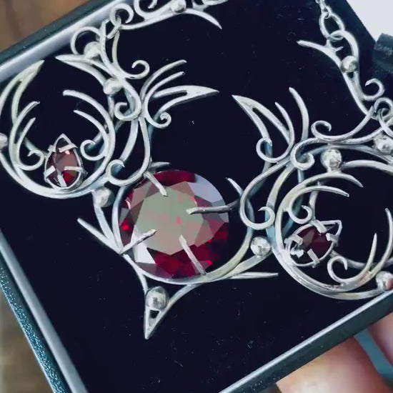 Sterling Silver Garnet gothic alternative triple moon pagan necklace goth witchy jewelry Elven unique pendant fantasy vampire fashion gift