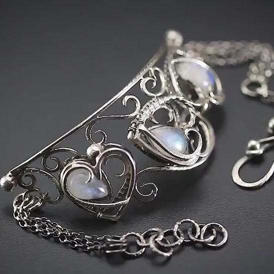 Handmade Sterling Silver Wire Wrap Ornate Filigree Sweetheart Heart Gothic Bracelet, Rainbow Moonstone, Unique Jewelry Jewellery Gift