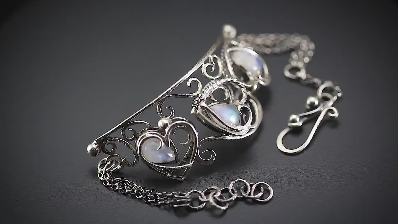 Handmade Sterling Silver Wire Wrap Ornate Filigree Sweetheart Heart Gothic Bracelet, Rainbow Moonstone, Unique Jewelry Jewellery Gift