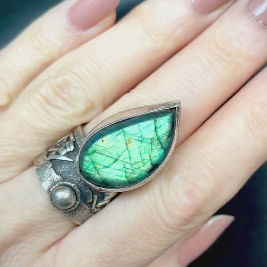 Handcrafted Sterling Silver Rustic Green Blue Labradorite Artisan Jewelry Brutalist Gothic Metalsmith Hammered Unique Ring