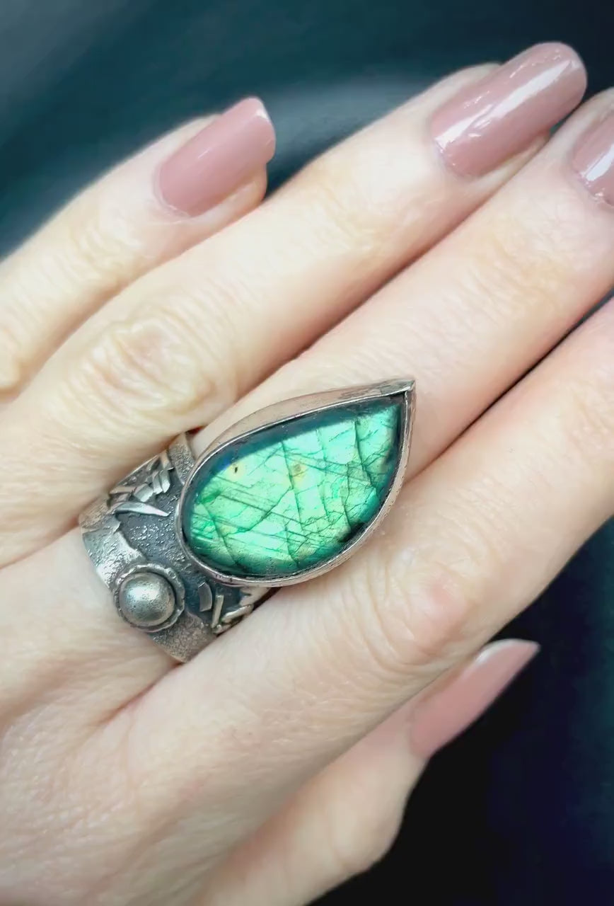 Handcrafted Sterling Silver Rustic Green Blue Labradorite Artisan Jewelry Brutalist Gothic Metalsmith Hammered Unique Ring