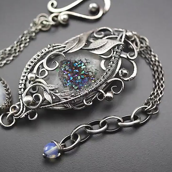 Handmade Sterling Silver Wire Wrap Ornate Filigree Floral Gothic Bracelet, Druzy Agate, Rainbow Moonstone, Unique Jewelry Jewellery Gift