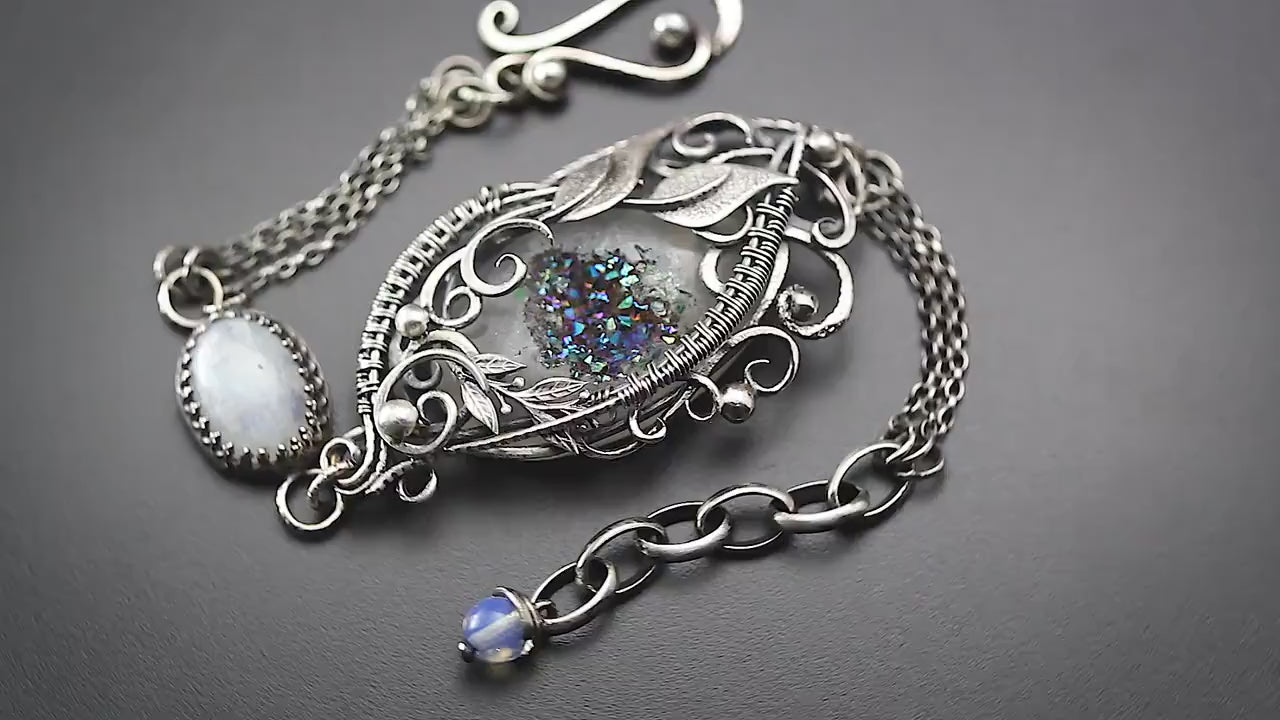 Handmade Sterling Silver Wire Wrap Ornate Filigree Floral Gothic Bracelet, Druzy Agate, Rainbow Moonstone, Unique Jewelry Jewellery Gift