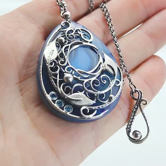 Sterling Silver necklace crescent moon wire wrap Agate and Zirconia jewellery jewelry gothic floral filigree unique Victortian style pendant