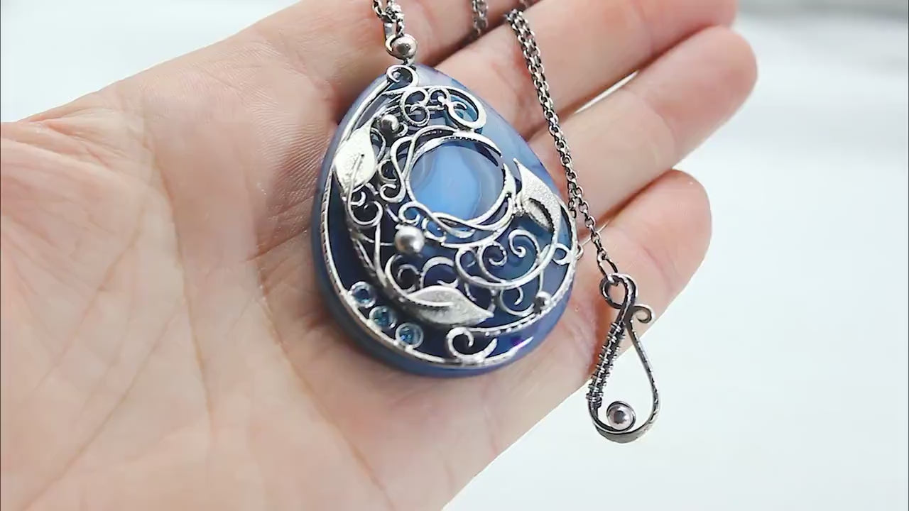 Sterling Silver necklace crescent moon wire wrap Agate and Zirconia jewellery jewelry gothic floral filigree unique Victortian style pendant