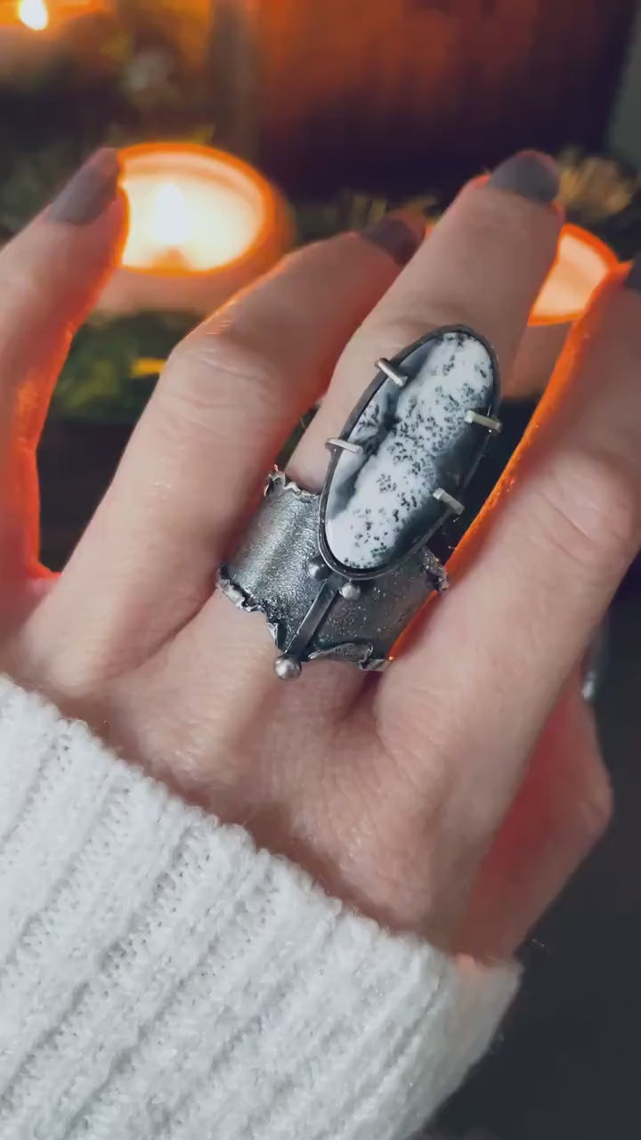 Handcrafted Sterling Silver Ring with Dendritic Opal Artisan Textured Modern Jewelry Gothic Witchy Hammered Trendy Unique Statement Ring