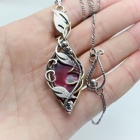 Sterling Silver & Brass wire wrapped gothic floral necklace, Red Dragon Veins Agate fantasy jewelry leaf witchy elven fantasy elvish pendant