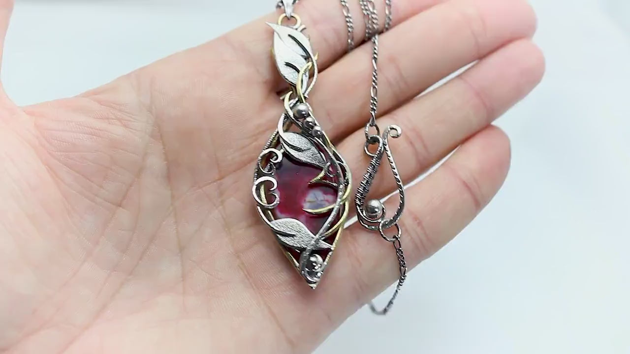 Sterling Silver & Brass wire wrapped gothic floral necklace, Red Dragon Veins Agate fantasy jewelry leaf witchy elven fantasy elvish pendant