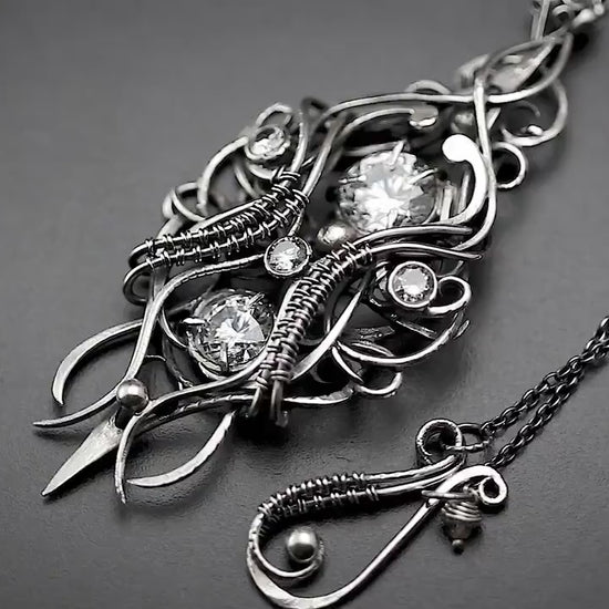 Sterling Silver Wire wrapped gothic fantasy elven elvish witchy pendant necklace, unique jewelry jewellery unisex gift