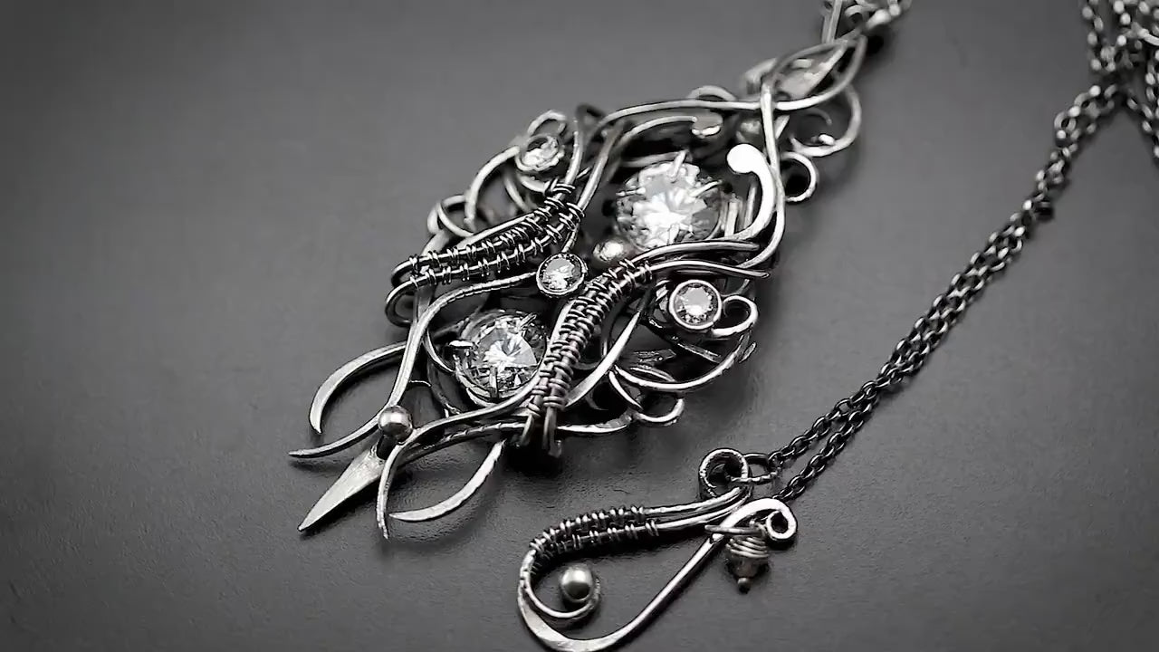 Sterling Silver Wire wrapped gothic fantasy elven elvish witchy pendant necklace, unique jewelry jewellery unisex gift