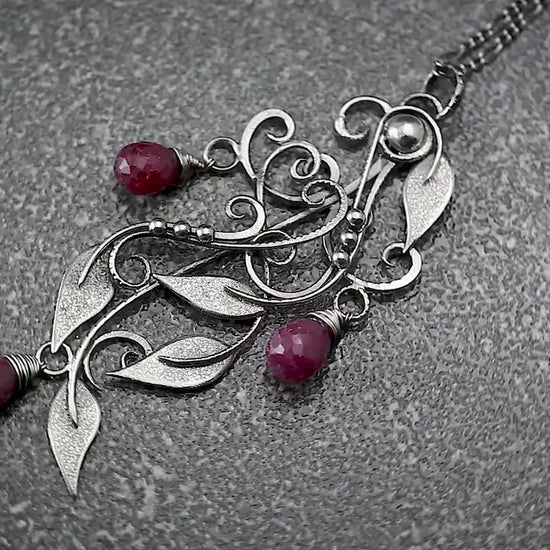 Sterling Silver Wire-Wrapping Antique Victorian Style Floral Ornate Filigree Pendant Necklace,  Ruby, Unique Victorian Gothic Fantasy Gift