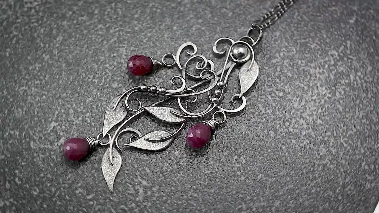 Sterling Silver Wire-Wrapping Antique Victorian Style Floral Ornate Filigree Pendant Necklace,  Ruby, Unique Victorian Gothic Fantasy Gift